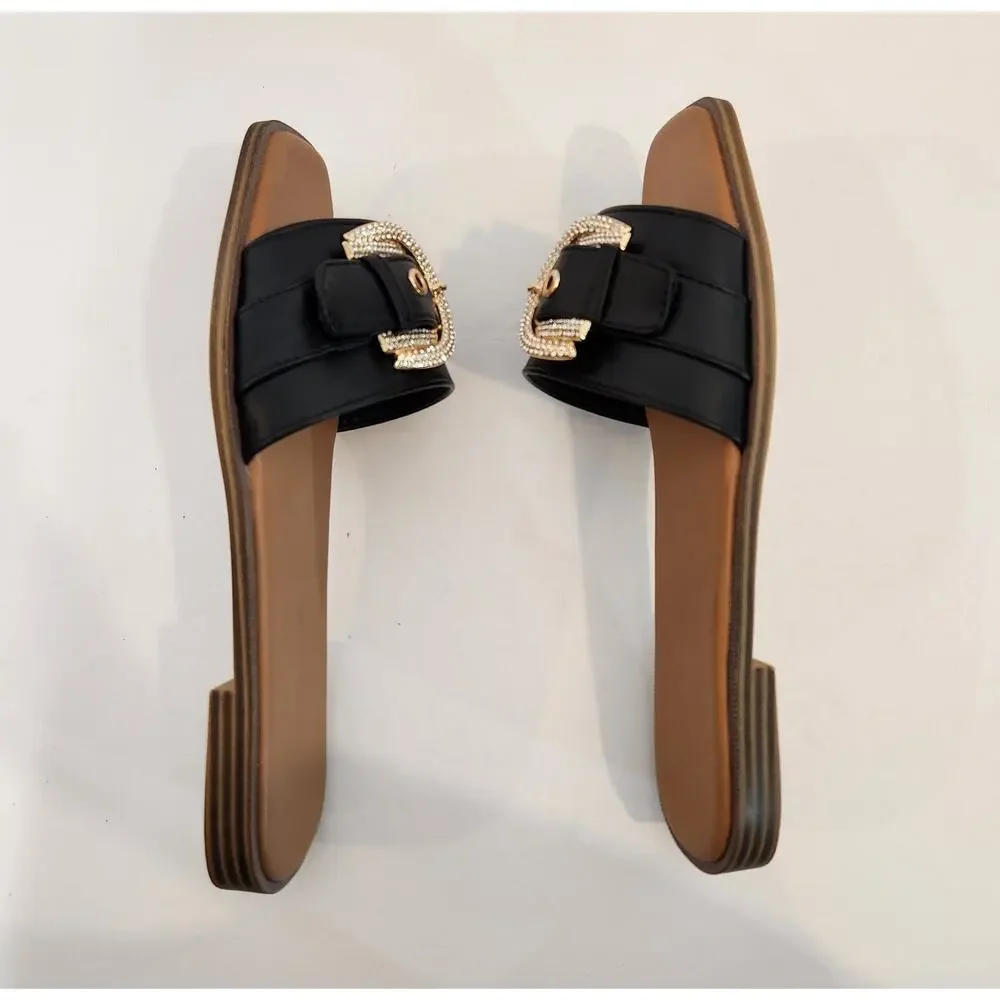 WILD DIVA LOUNGE Black Gold Faux Leather Crystal Embelished Buckle Womens 8.5